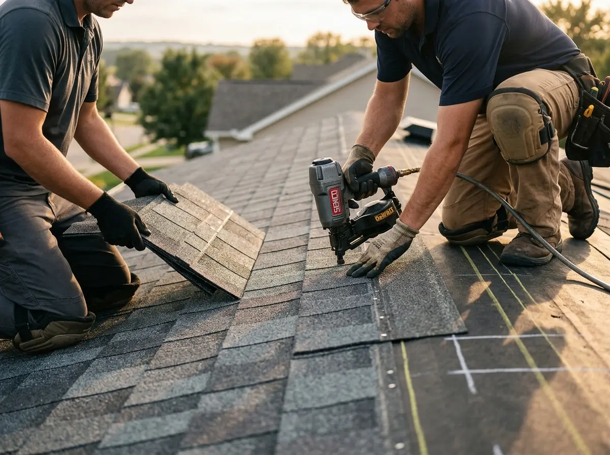 Professional roofer working on a residential roof in Rockmart
